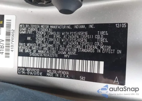 2006 Toyota Sienna Le из США, поврежденный, VIN 5TDZA23C16S432916